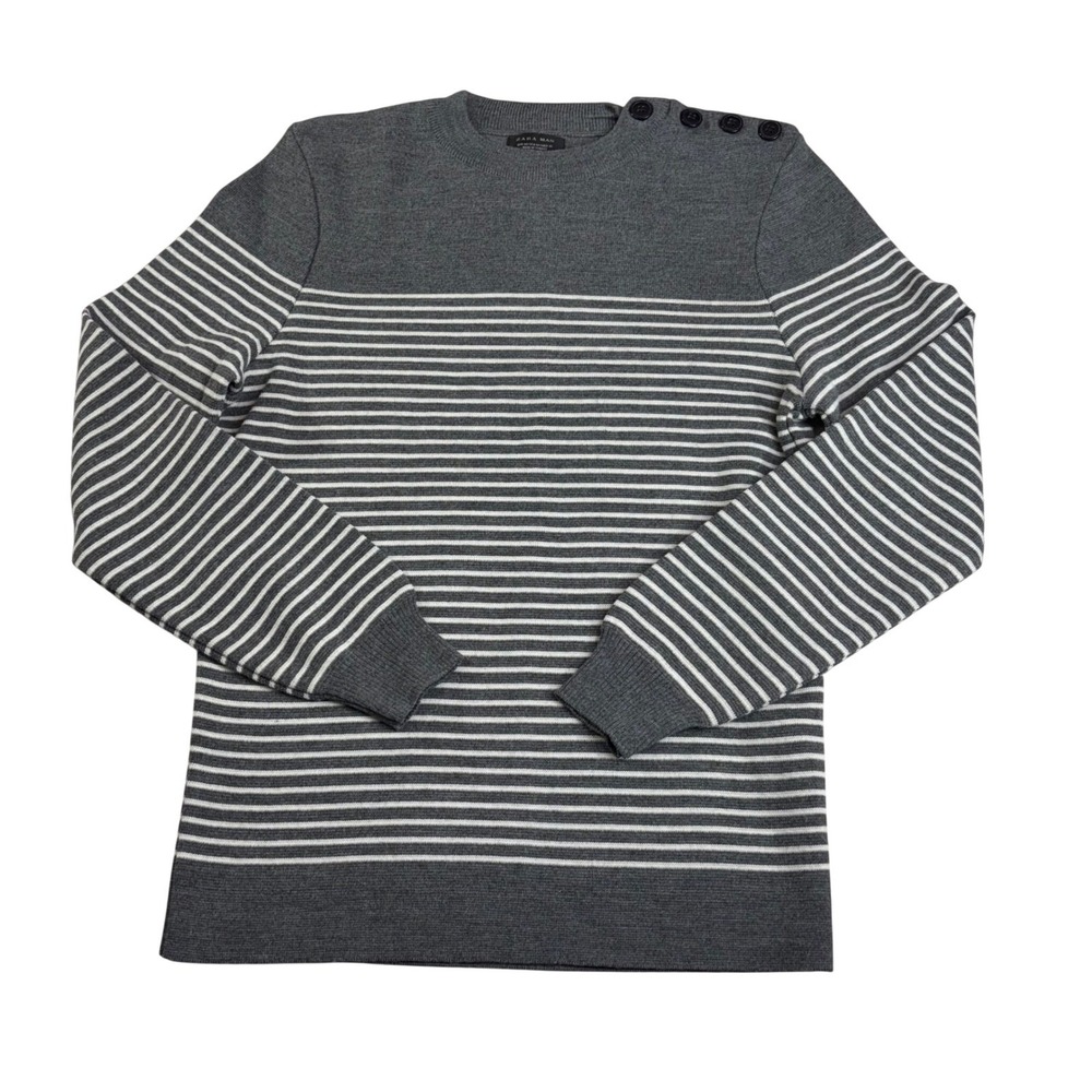 NWOT ZARA MAN Grey Sweater White Stripe Crew Neck Button Shoulder Mens M‎